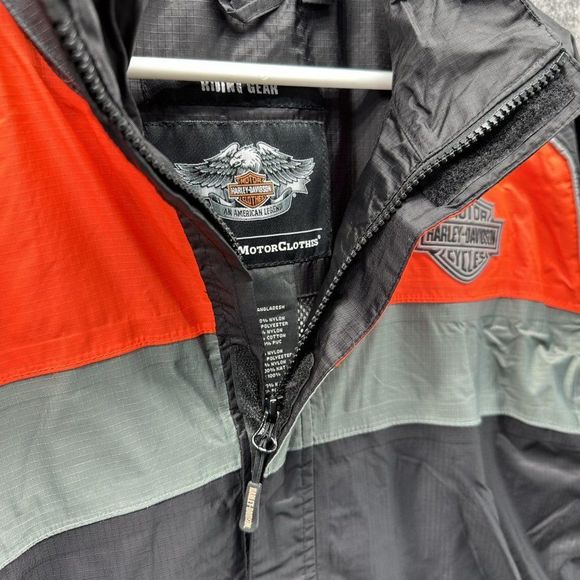 Harley Davidson Jacket Men's Medium Biker Black Orange Windbreaker Full Zip - Picture 9 of 14